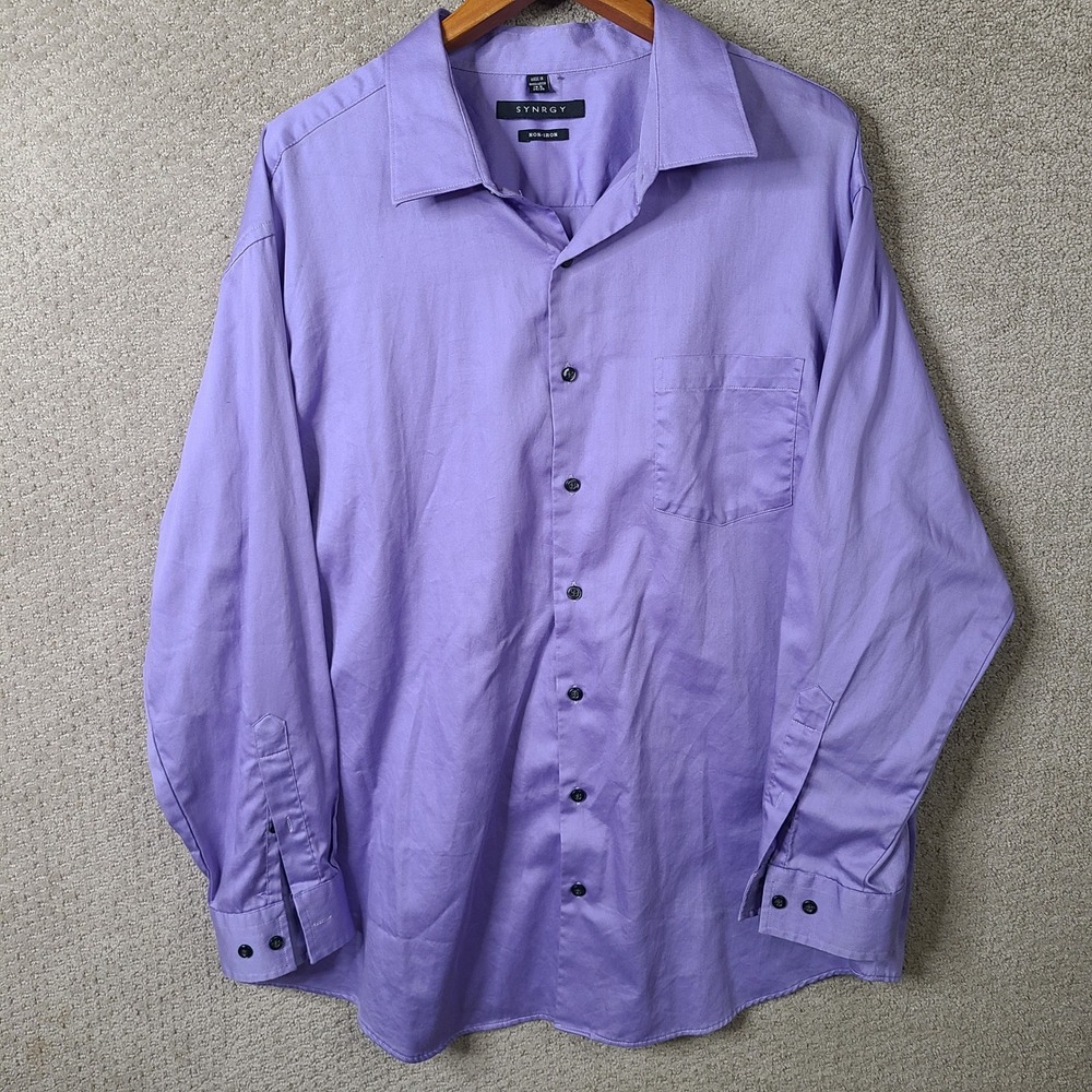 Synrgy Shirt Mens 18.5 34/35 Purple Button Down Regular‎ Fit Cotton Long Sleeve